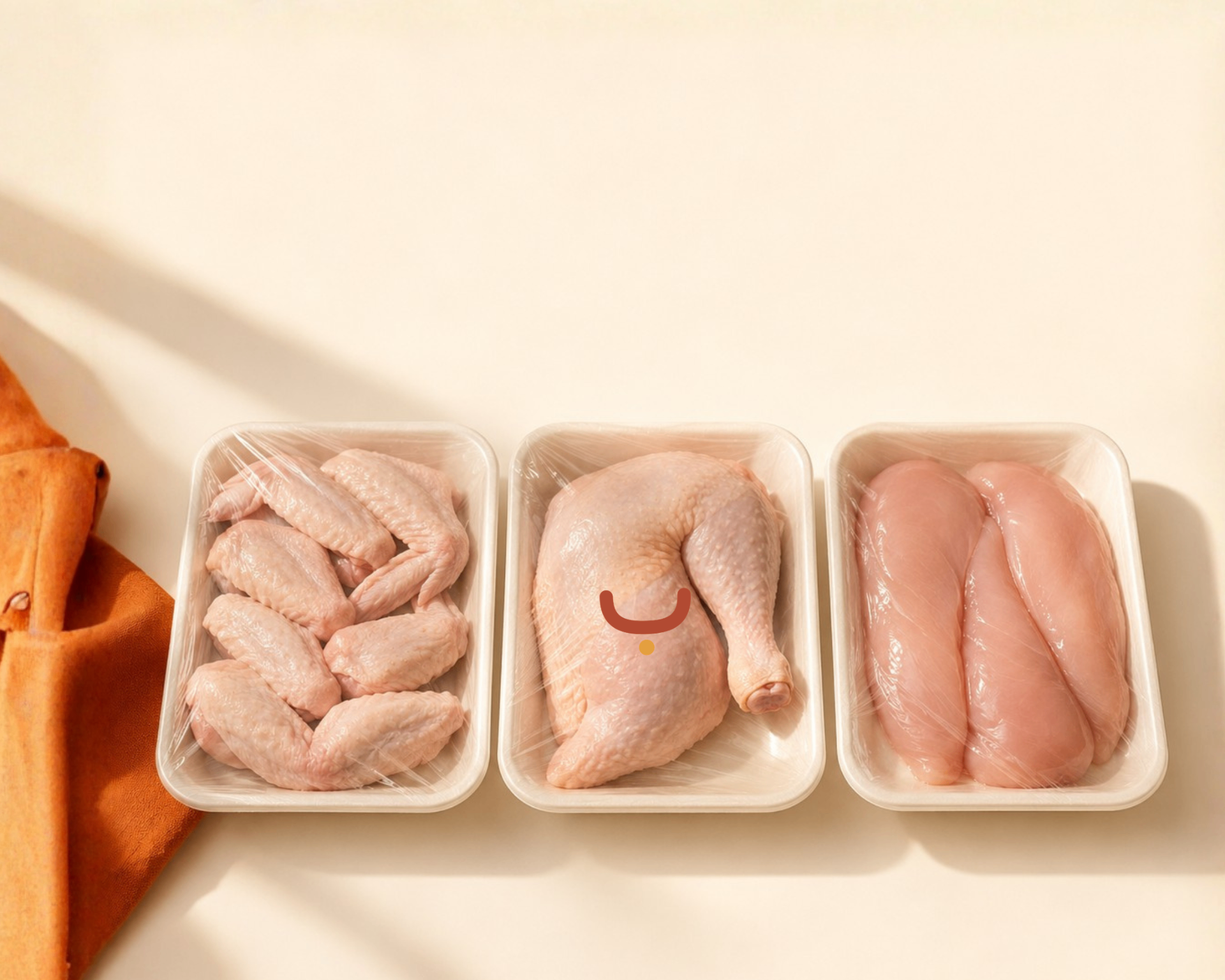 Ailes, cuisse et filets de poulet halal en barquettes