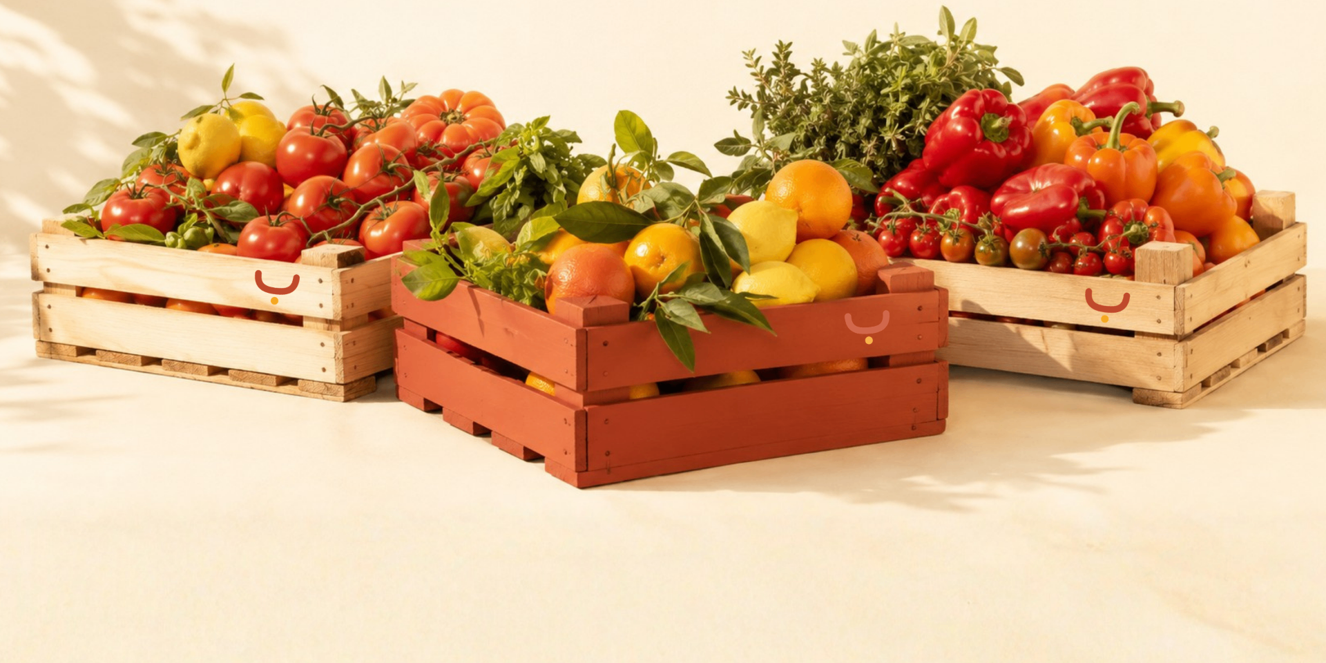 Cageots de tomates, agrumes et poivrons
